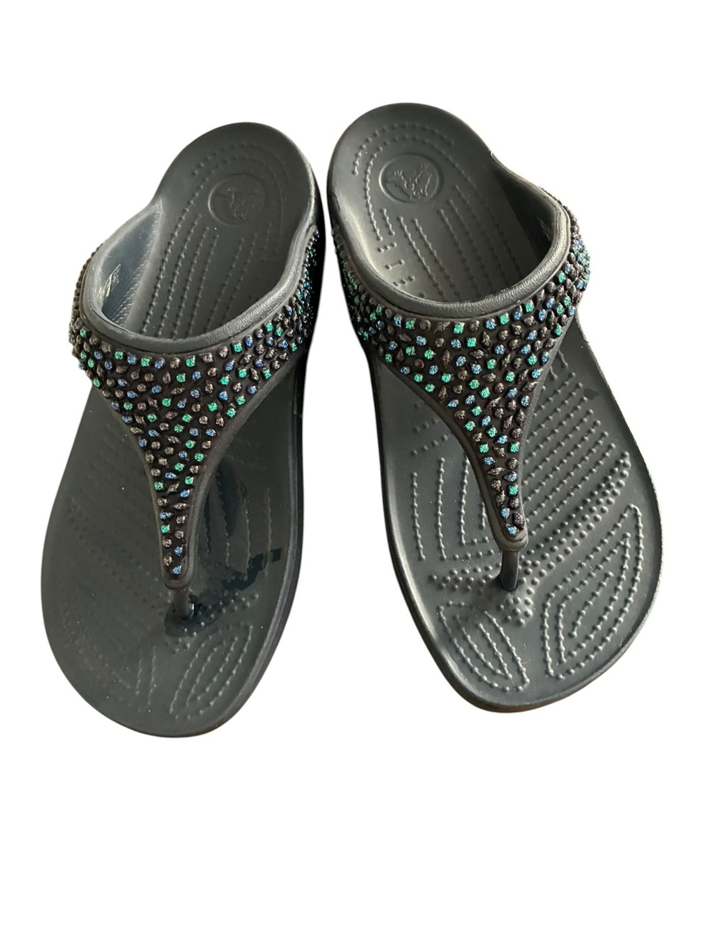 CROCS Black Jeweled Thong Sandals with Iridescent Accents